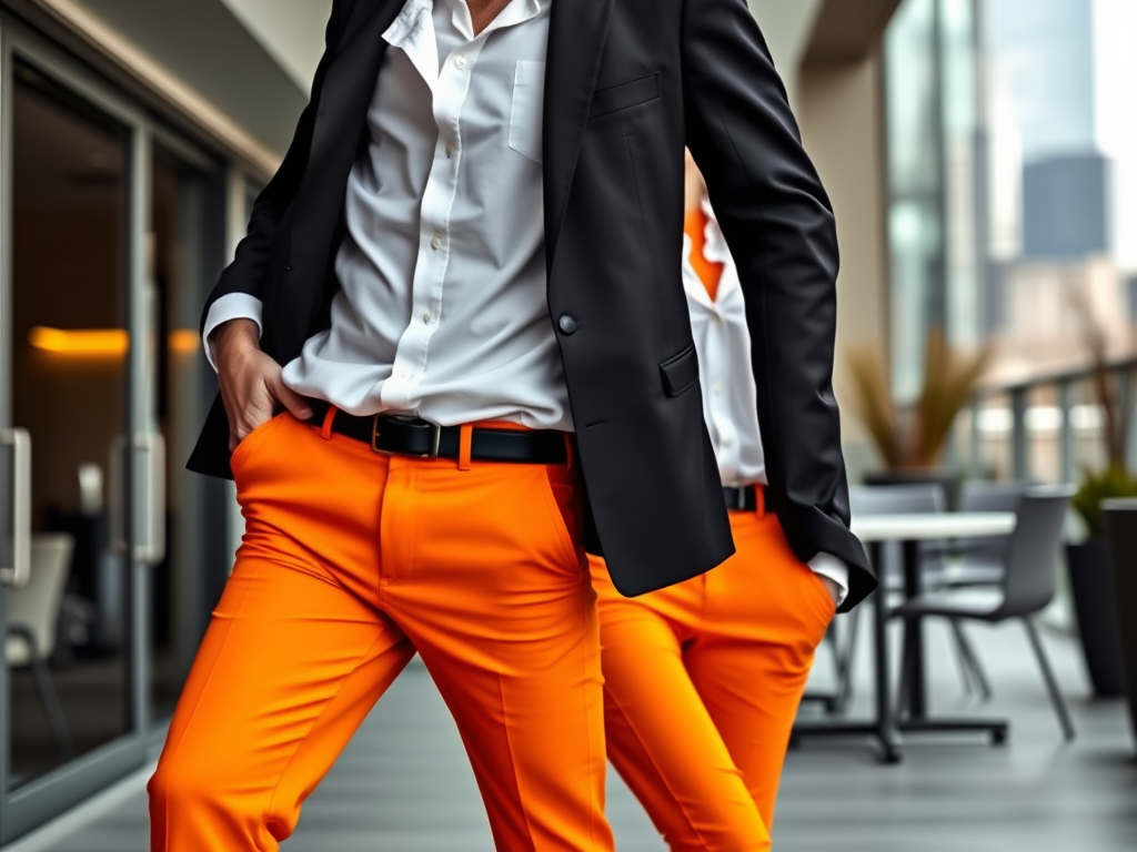 Twee mannen in oranje broeken en zwarte blazers poseren in een moderne omgeving met hoge ramen.