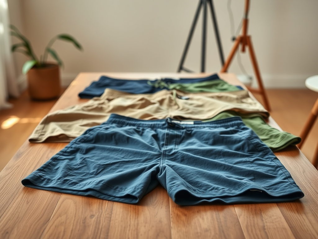 Vijf paar shorts in verschillende kleuren liggen op een houten tafel in een lichte kamer.