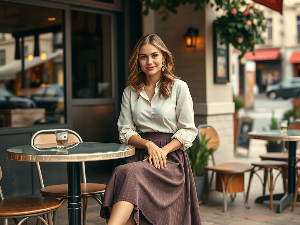 Een vrouw met golvend haar zit aan een tafel buiten een café, met een drankje voor zich en een levendige straatachtergrond.