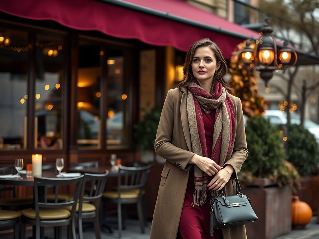 Een vrouw met een stijlvolle outfit en schuilplek bij een restaurant in de herfst. Warm en uitnodigend.