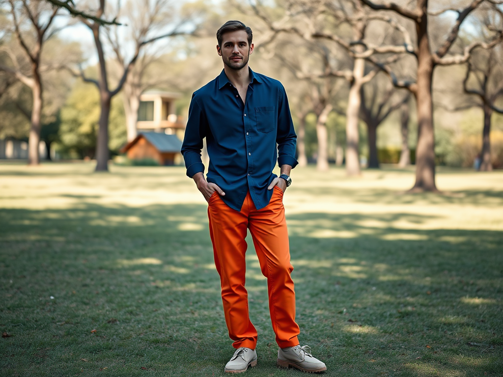 Een man in een blauwe blouse en oranje broek staat in een park met bomen op de achtergrond.