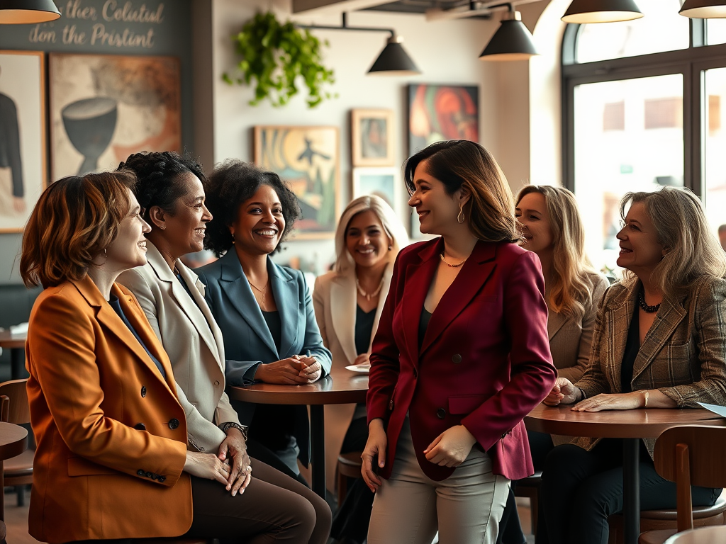 Zeven vrouwen in zakelijke kleding lachen en praten samen in een gezellige café-omgeving.