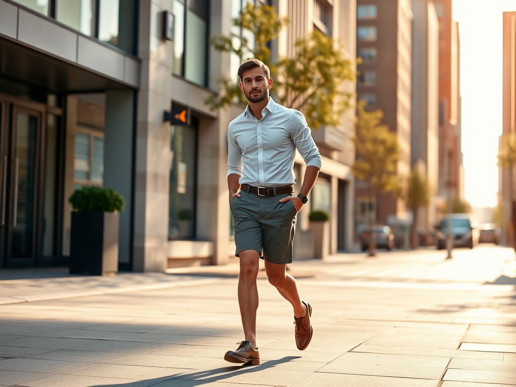 Een man in een lichtblauw overhemd en groene shorts loopt ontspannen over een straat met moderne gebouwen.