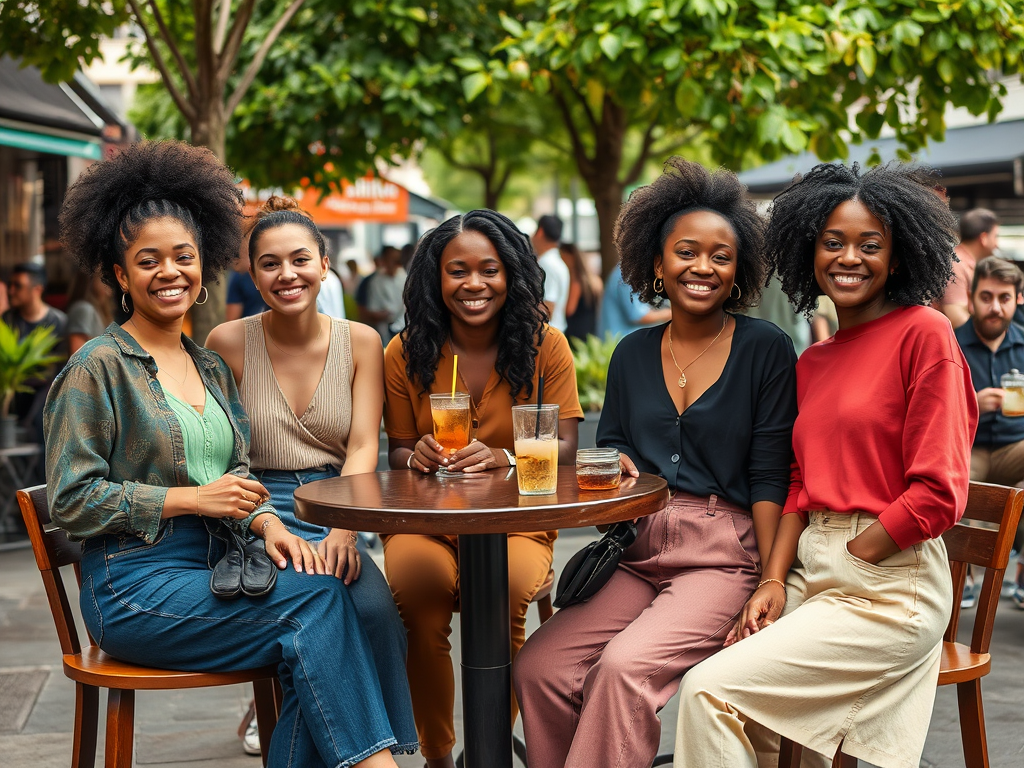 Vijf vrouwen zitten samen aan een tafel in een levendige buitenomgeving, genietend van hun drankjes en elkaars gezelschap.