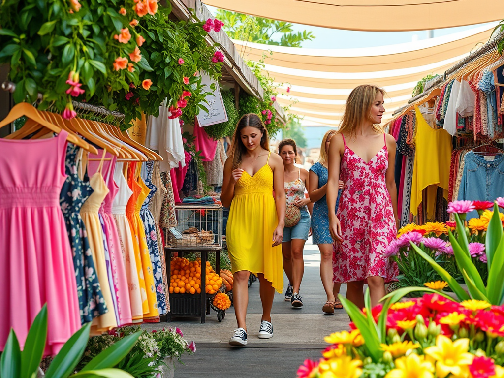 Vrouwen in kleurrijke kleding lopen door een levendige markt vol bloemen en kledingstandjes.