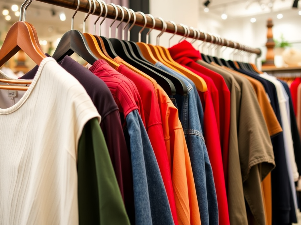 Een kledingrek met diverse T-shirts in verschillende kleuren, waaronder rood, groen en beige. 