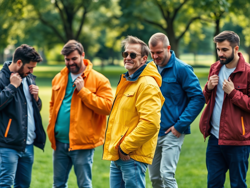 Vijf mannen in kleurrijke jassen lachen en poseren samen in een park met groen gras en bomen.