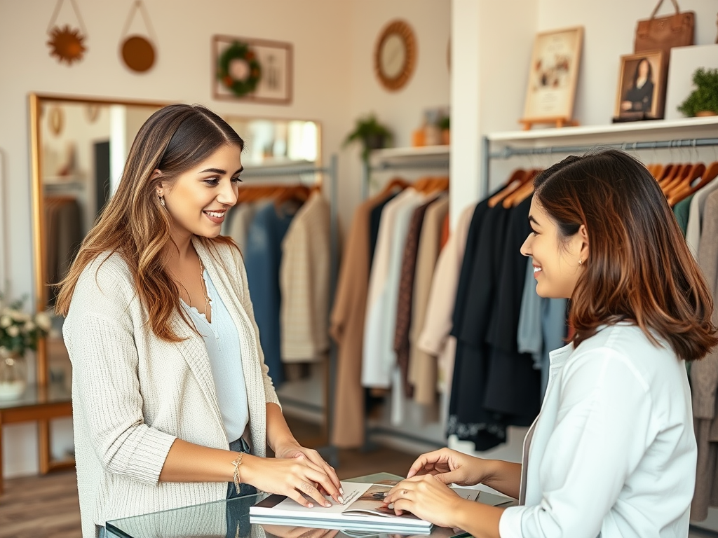 Twee vrouwen lachen terwijl ze met kleding bezig zijn in een stijlvolle boetiek. Een vriendelijke sfeer heerst.