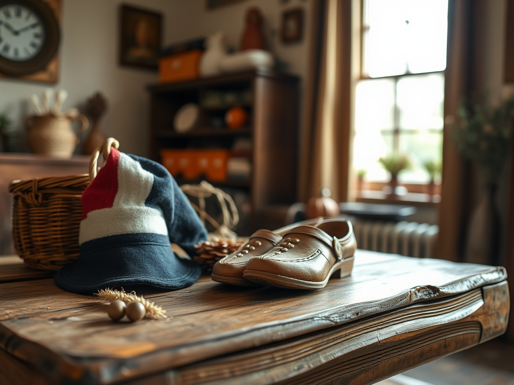 Een houten tafel met een hoed, leren schoenen en decoratieve voorwerpen in een gezellige kamer.