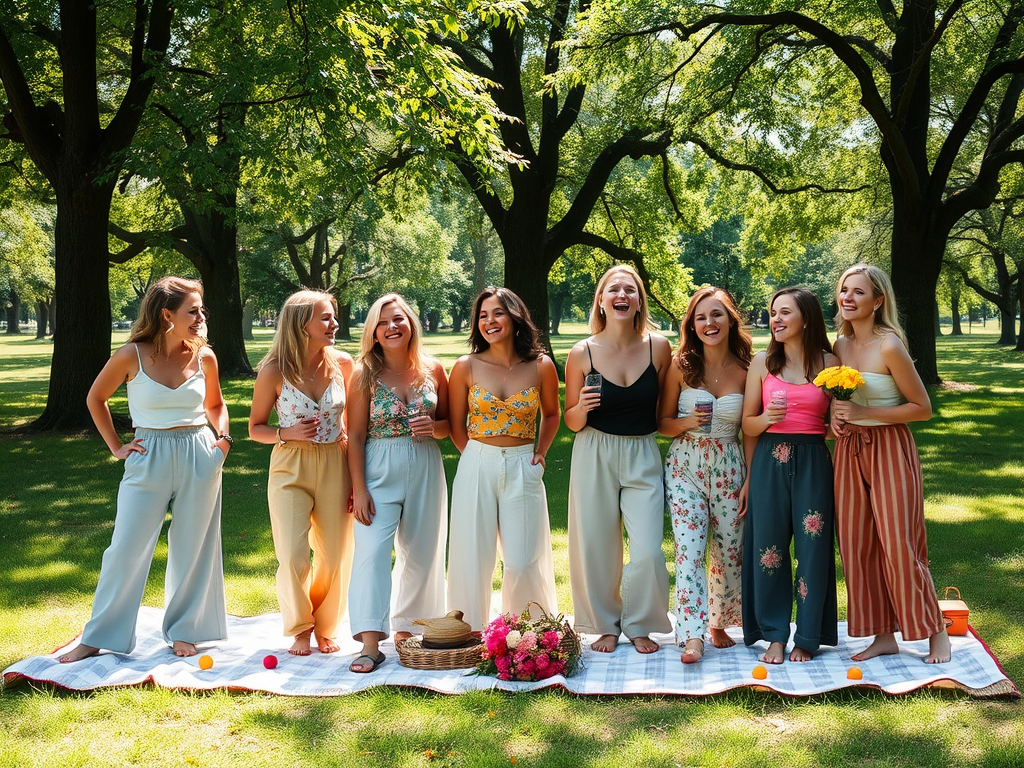 Een groep van acht vrouwen staat op een picknickkleed in een park, lachend en genietend van elkaars gezelschap.
