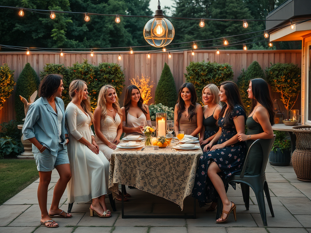 Een groep vrouwen geniet van een diner buiten, omringd door sfeervolle verlichting en een mooie tuin.