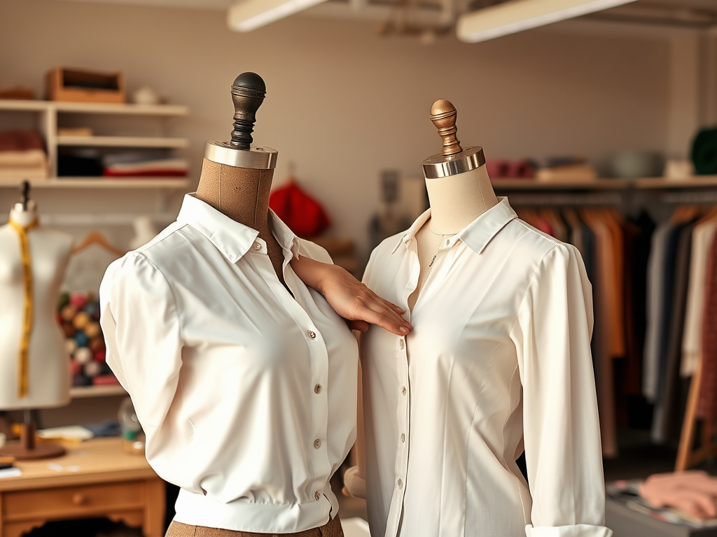 Twee kleermakerspoppen in een atelier, dragen witte blouses met knopen en een hand die een blouse aanraakt.