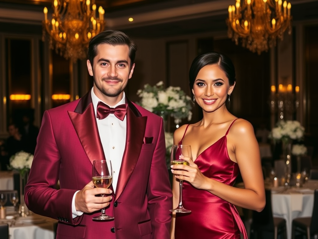 Een man en vrouw in een chique setting, beiden in rood, houden glazen met drank in hun handen.