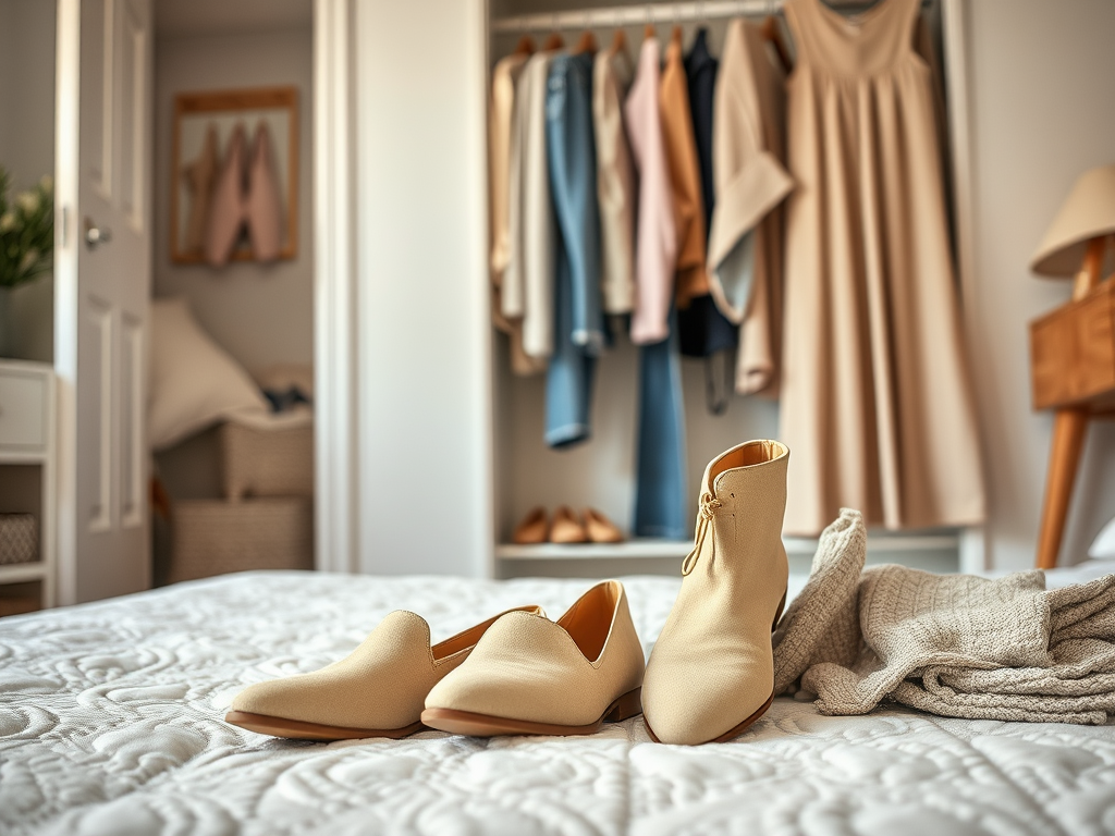 Drie paar beige schoenen staan op een bed, met kleding aan een hanger en een lamp in de achtergrond.