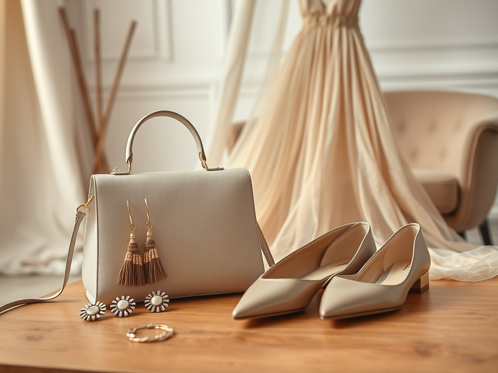 Een elegante tas, schoenen en accessoires op een houten tafel met een avondjurk op de achtergrond.