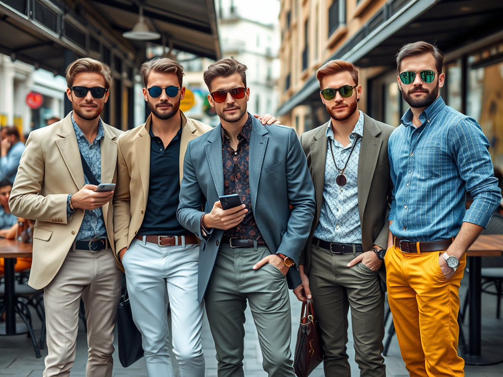 Vijf mannen in stijlvolle outfits staan met smartphones in de hand op een drukke straat. Zonnige dag.