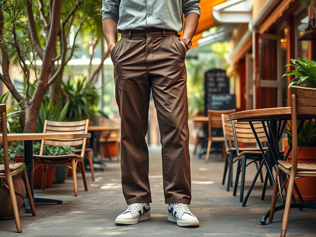 Een man staat in een café met een groene blouse en een bruine broek, met sneakers en een polshorloge.