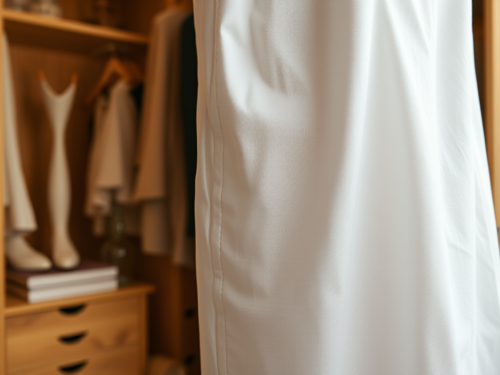 Een close-up van een witte stof met een kast op de achtergrond vol kleding en accessoires.