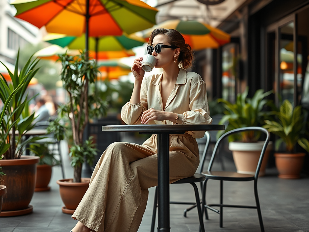 Een vrouw in een beige outfit zit ontspannen aan een tafel met een kopje koffie onder kleurrijke parasols.
