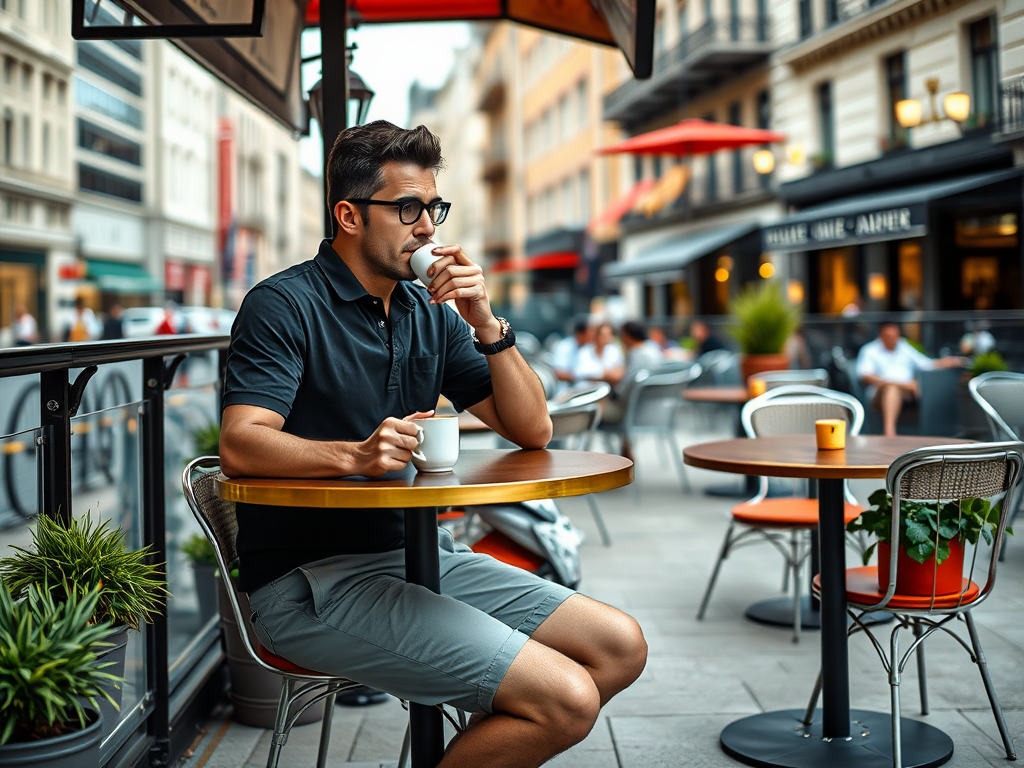 Een jongeman zit buiten aan een tafel en drinkt koffie in een levendige straatcafé.