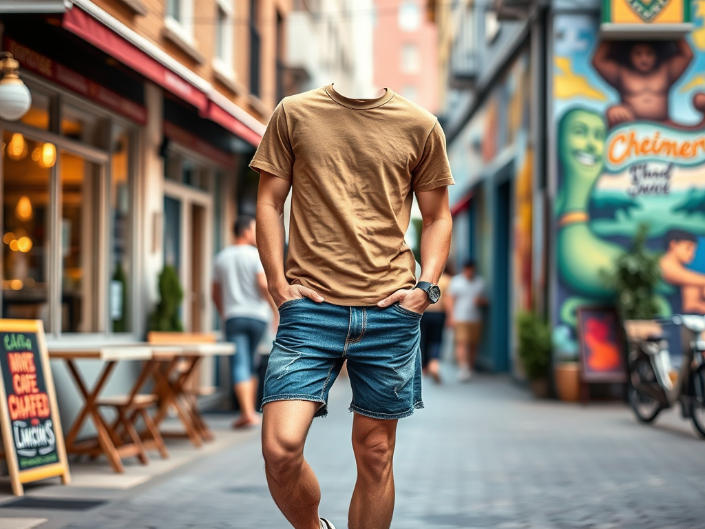 Een man zonder hoofd in een straat met graffiti, gekleed in een bruin T-shirt en denim shorts.