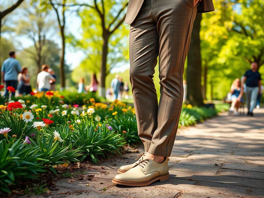 Een man in een pak staat naast kleurrijke bloemen in een zonnig park. Mensen zijn op de achtergrond te zien.