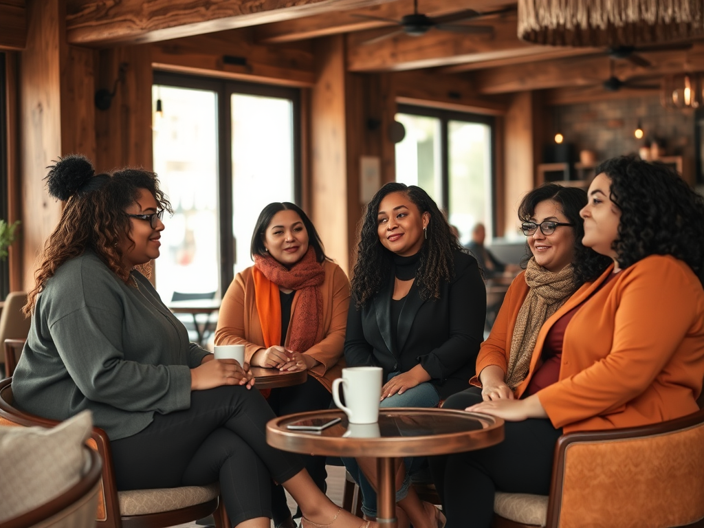 Vijf vrouwen zitten samen in een warme caféomgeving en genieten van een gesprek met warme dranken.