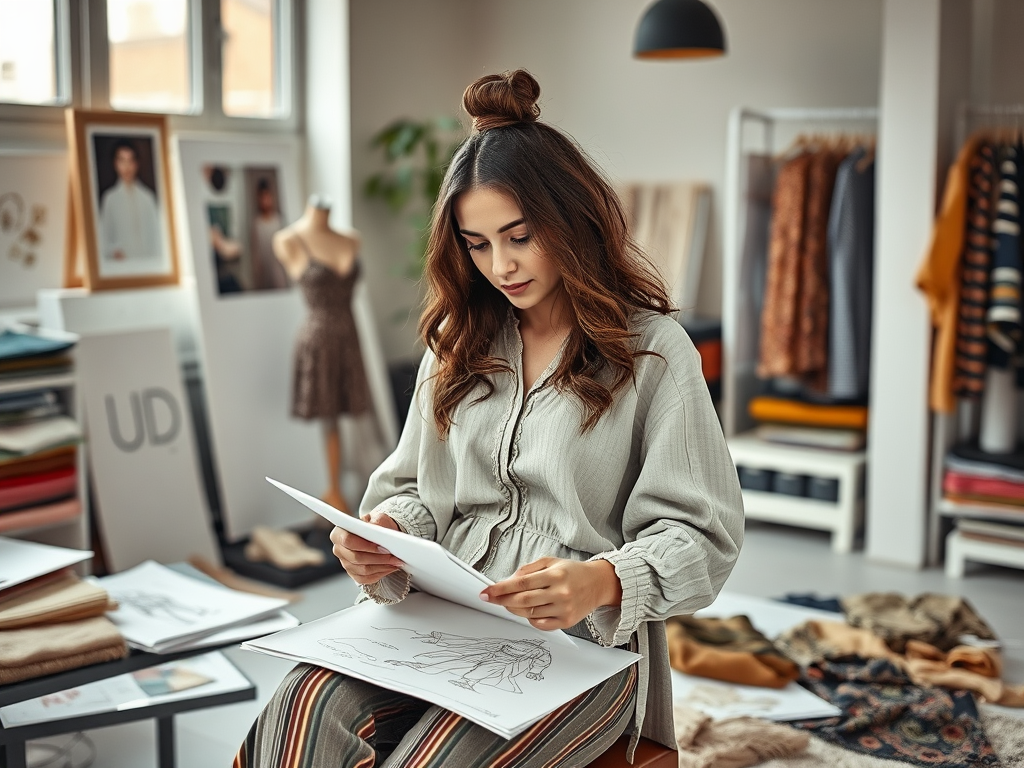 Een vrouw in een studio bekijkt ontwerpschetsen tussen stofstapels en modeaccessoires.