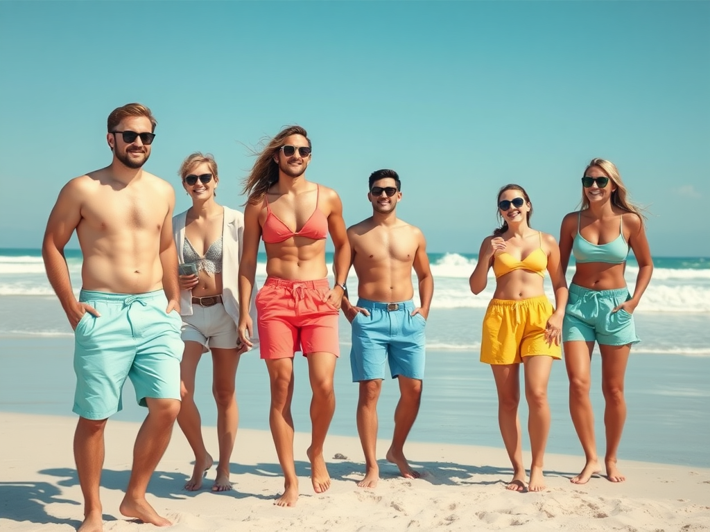 Zes vrienden in zwemkleding lopen vrolijk over het strand met de zee op de achtergrond. Zon en plezier!