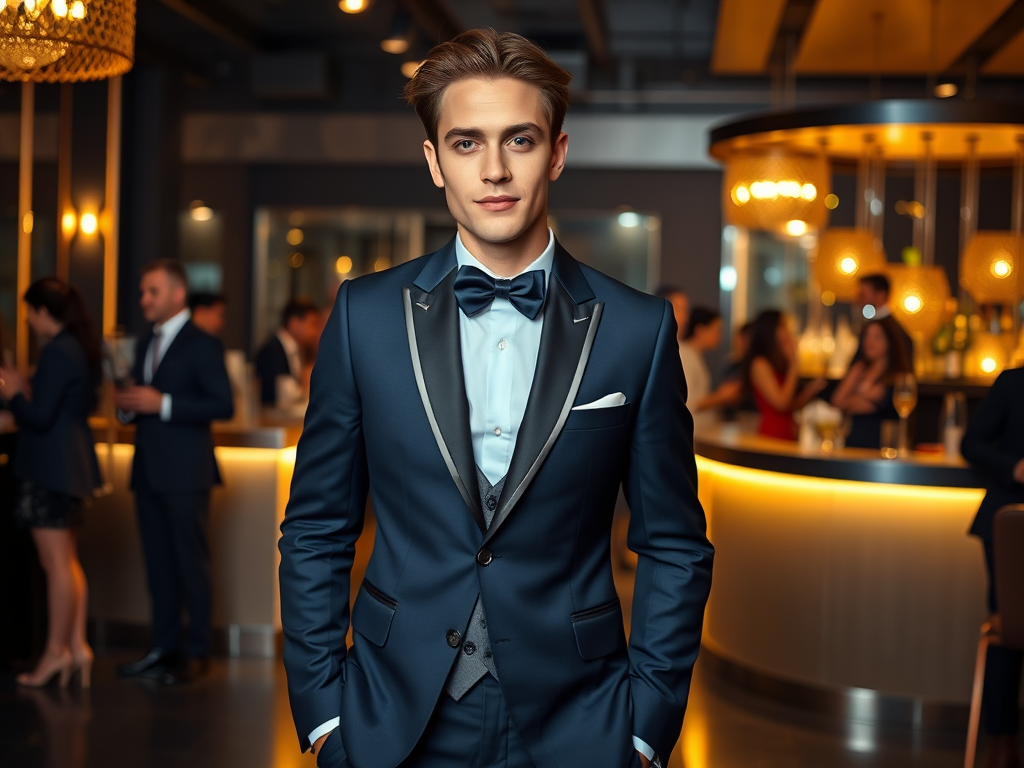 Een jonge man in een elegant tuxedo met een vlinderdas, poseert in een chique bar. Sociale sfeer op achtergrond.