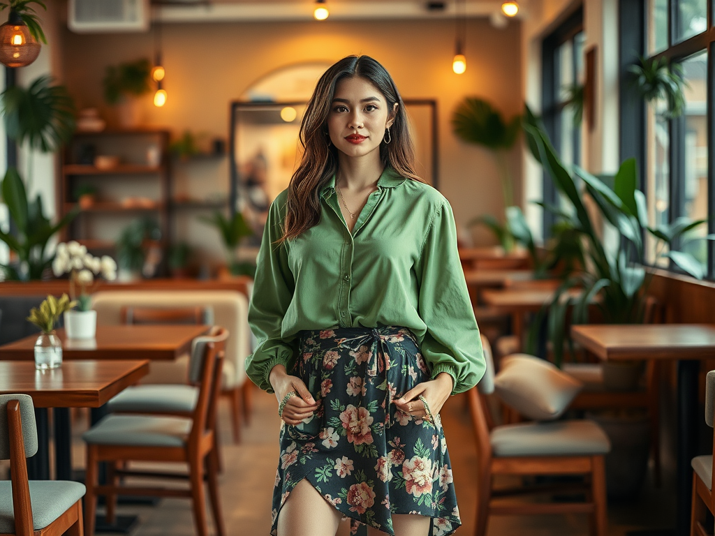 Een vrouw in een groene blouse en bloemenrok staat in een lichte caféomgeving met veel planten.