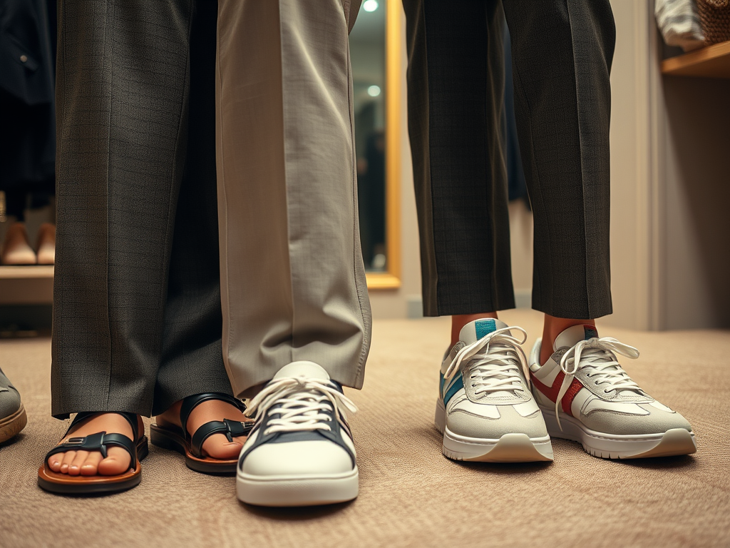 Een close-up van twee paar schoenen: sandalen en sneakers, gedragen door twee mensen in een winkel.