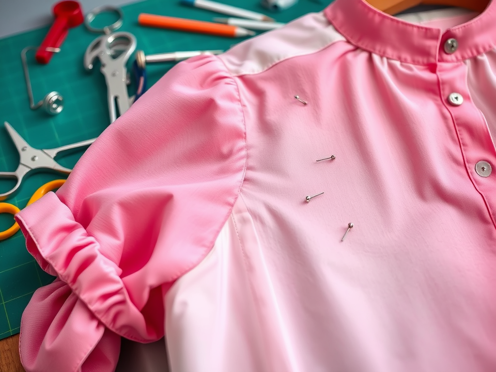 Een lichtroze blouse met spelden en naaigereedschap op een snijmat.