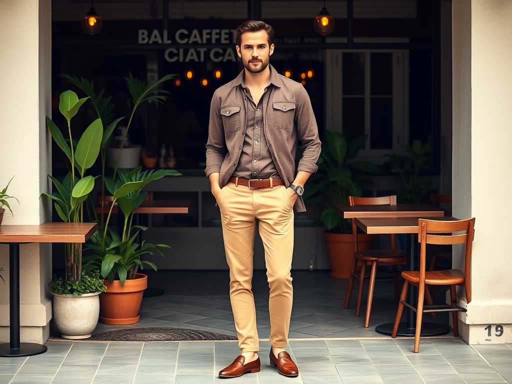 Een stijlvolle man in een café met tropische planten, gekleed in een shirt en beige broek.